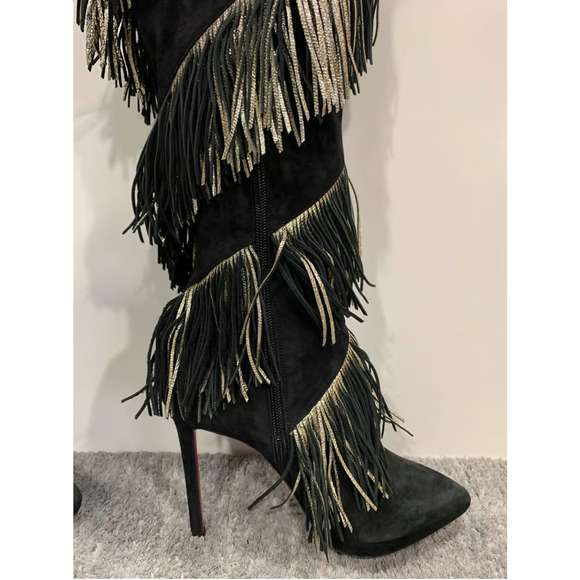 Christian Louboutin Bolcheva 120 Black Gold Fring Thigh High Knee Heel Boot 40.5 - Picture 10 of 12